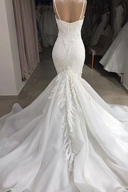 Long Spaghetti Strap Appliques Lace Backless Mermaid Wedding Dress