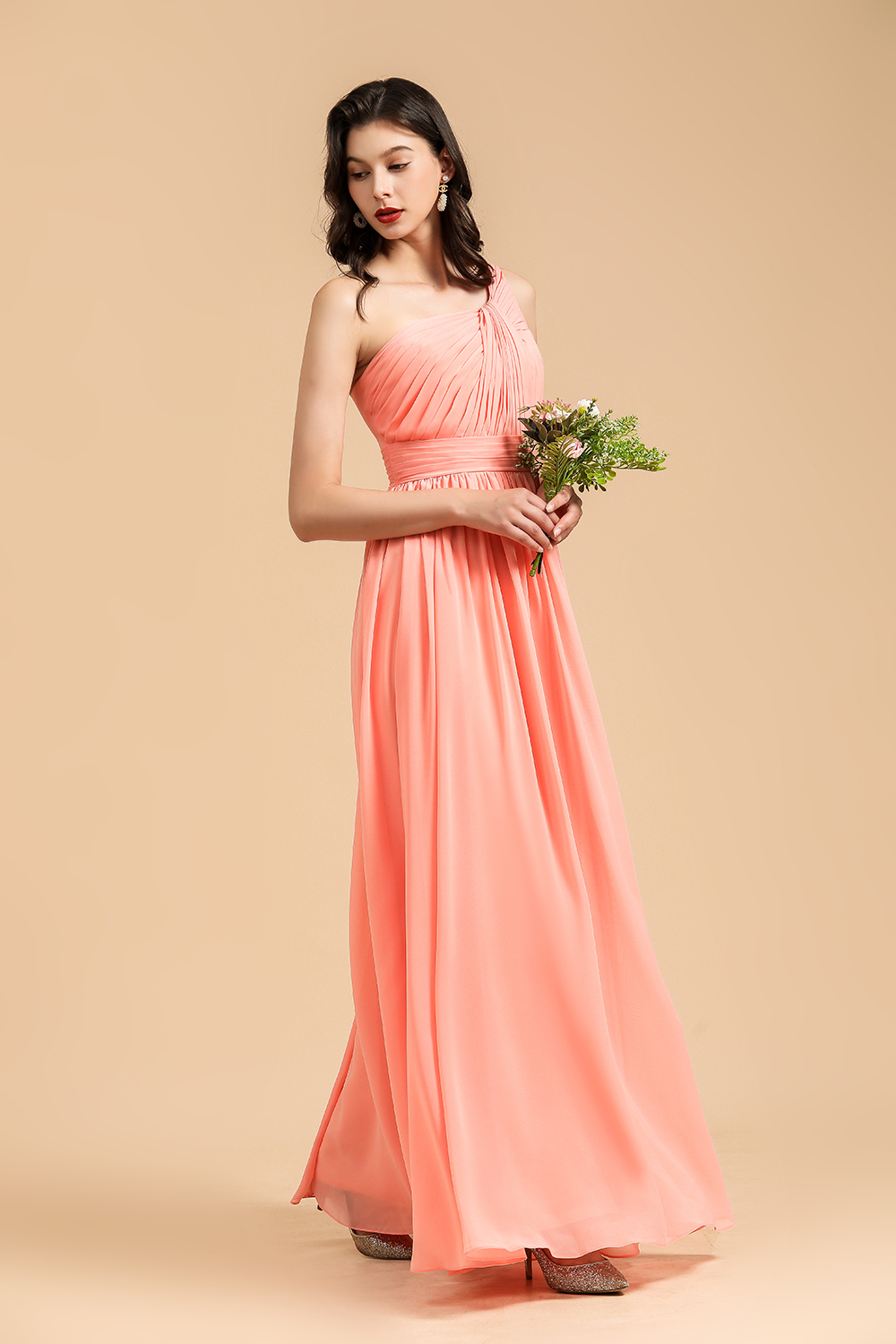 Long A-line One Shoulder Chiffon Bridesmaid Dress Wedding Party Dresses