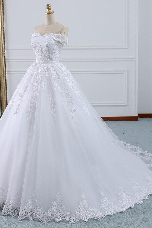 Long Ball Gown Lace-up Off Shoulder Appliques Tulle Wedding Dress