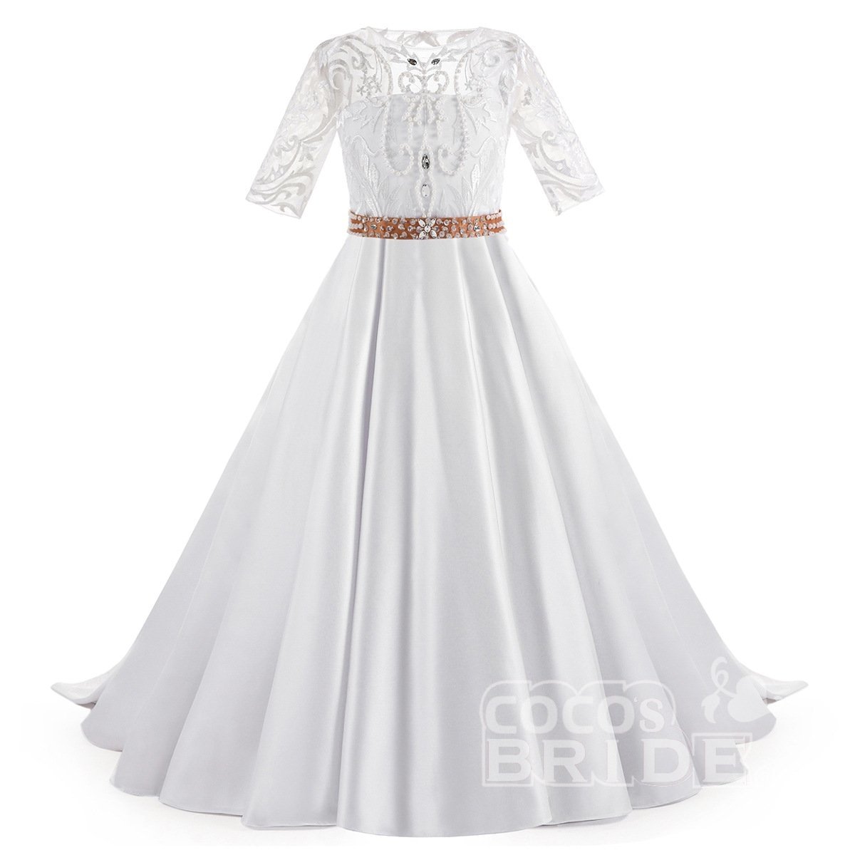 White Scoop Neck 1/2 Sleeves Trumpet Flower Girls Dress