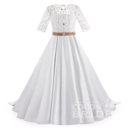 White Scoop Neck 1/2 Sleeves Trumpet Flower Girls Dress