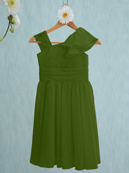 Sheath / Column Straps Knee Length Chiffon Junior Bridesmaid Dress With Ruffles / Side Draping / Natural