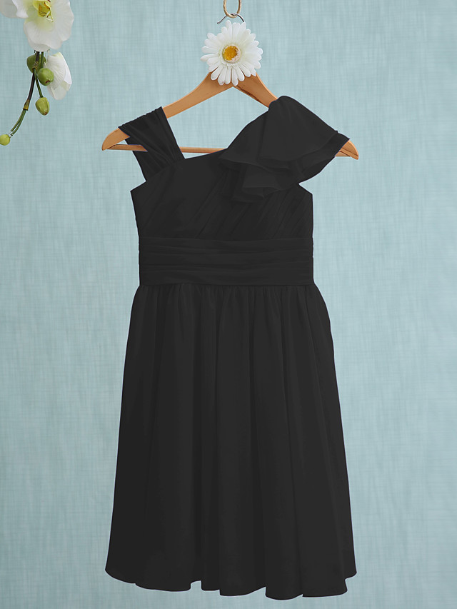 Sheath / Column Straps Knee Length Chiffon Junior Bridesmaid Dress With Ruffles / Side Draping / Natural