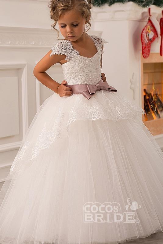 White Square Neck Cap Sleeves Ball Gown Flower Girls Dress