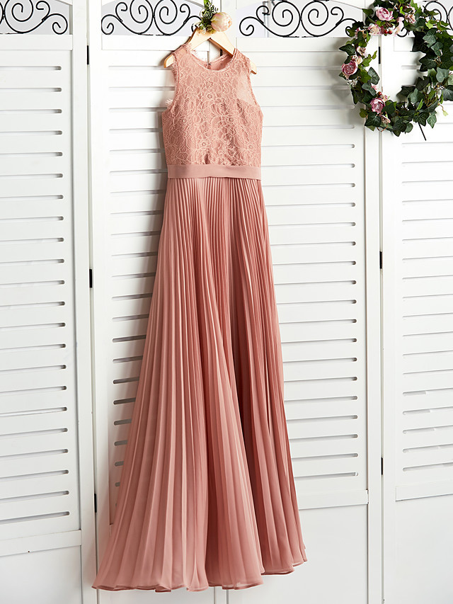 Dusty Rose Long A-line Chiffon Lace Junior Bridesmaid Dress