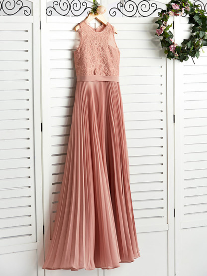 Dusty Rose Long A-line Chiffon Lace Junior Bridesmaid Dress