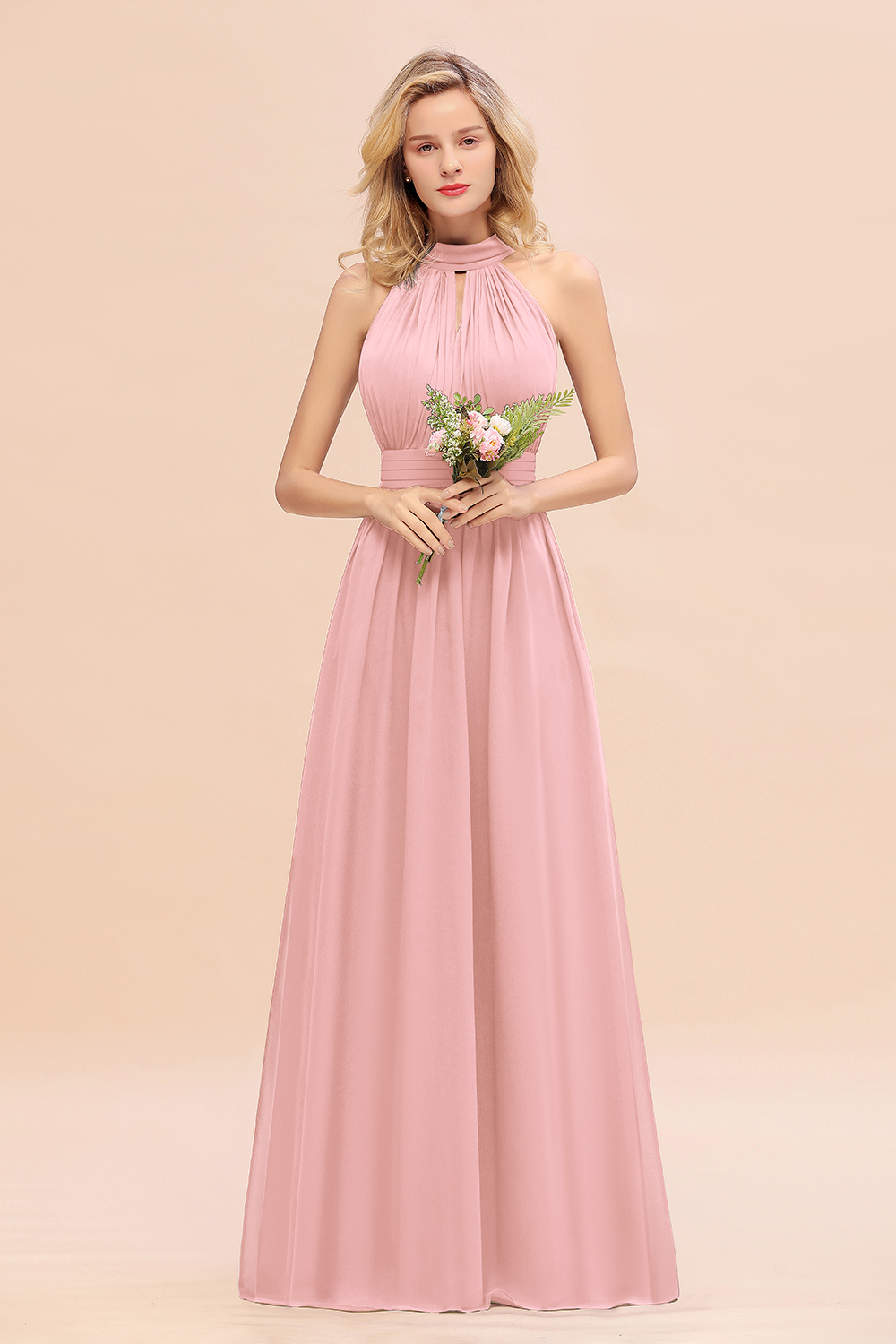 BM0758 Glamorous High-Neck Halter Bridesmaid Affordable Dresses with Ruffle
