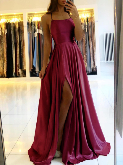 Sage A-line Spaghetti Straps Satin Open Back Long Prom Dress with Side Slit