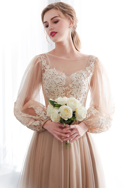 Champagne A-line Long Sleeves Appliques Tulle Evening Dresses
