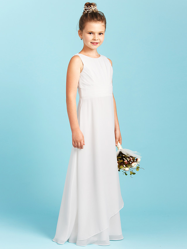 Sheath / Column Jewel Neck Floor Length Chiffon Junior Bridesmaid Dress With Pleats / Ruched / Wedding Party / Open Back