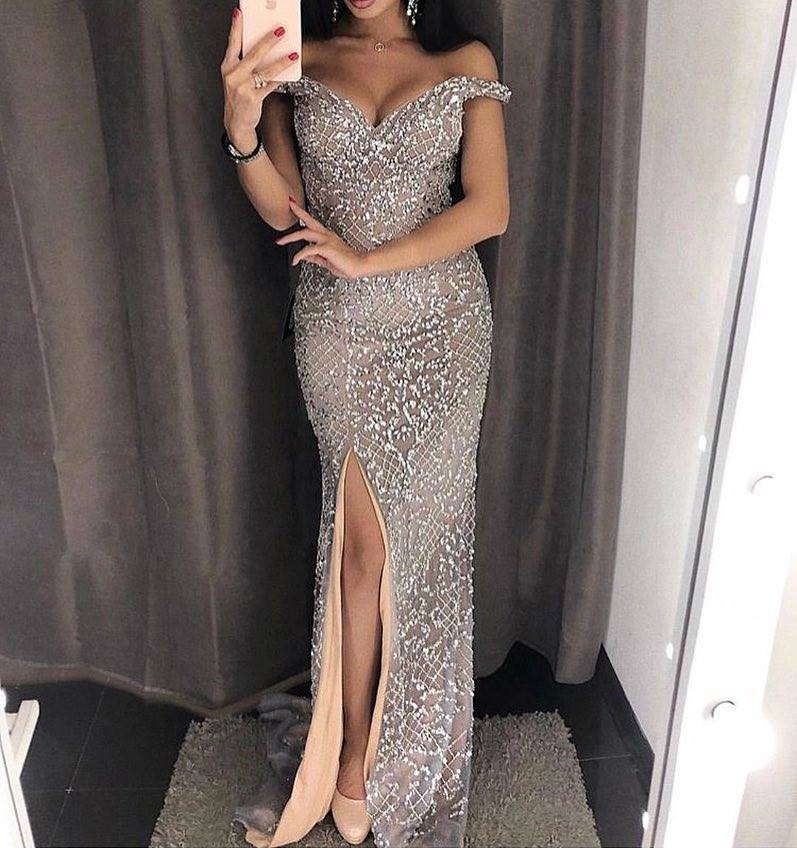 Sexy Sweetheart Off-the-shoulder Beading Sheath Prom Dress With Side Slit