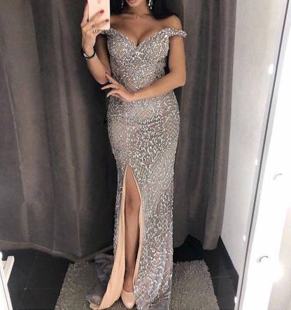 Sexy Sweetheart Off-the-shoulder Beading Sheath Prom Dress With Side Slit
