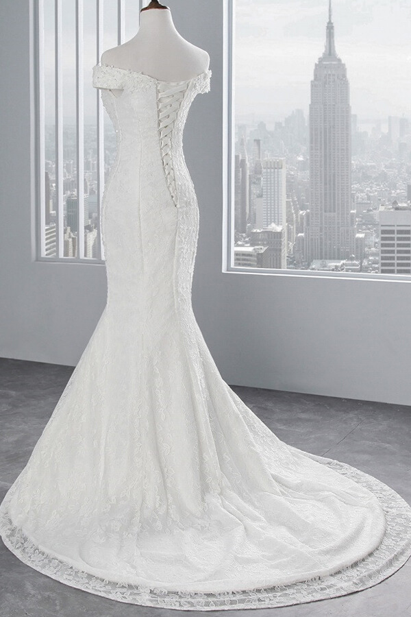 Long Off the Shoulder Lace-up Mermaid Lace Wedding Dress