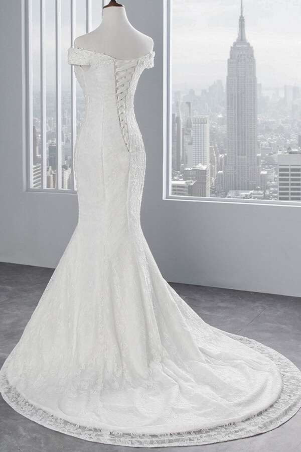 Long Off the Shoulder Lace-up Mermaid Lace Wedding Dress