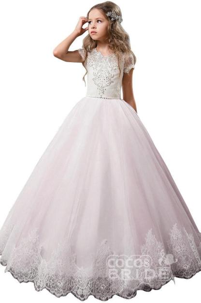 Light Pink Scoop Neck Short Sleeve Ball Gown Flower Girls Dress