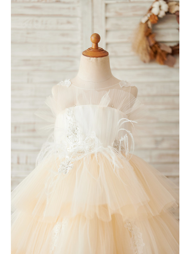 Short Ball Gown Tulle Lace Sleeveless Jewel Neck Flower Girl Dresses with Feathers