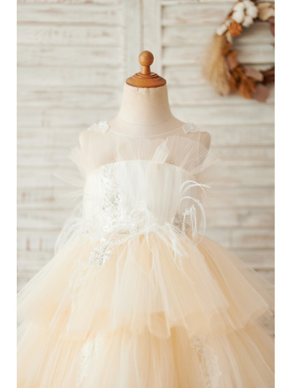 Short Ball Gown Tulle Lace Sleeveless Jewel Neck Flower Girl Dresses with Feathers