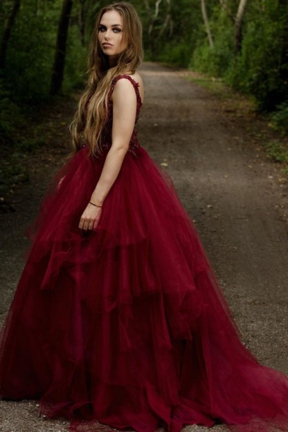 Classy A-line V-neck Spaghetti Straps Appliques Lace Backless Tulle Prom Dress