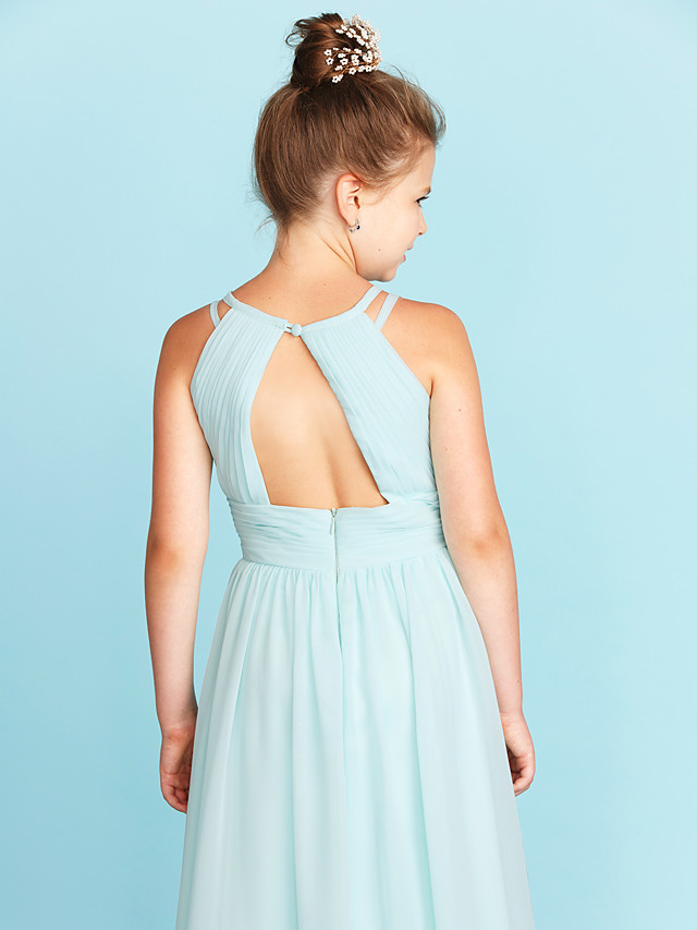 Princess / A-Line Jewel Neck Floor Length Chiffon Junior Bridesmaid Dress With Ruched / Side-Draped / Wedding Party / Open Back