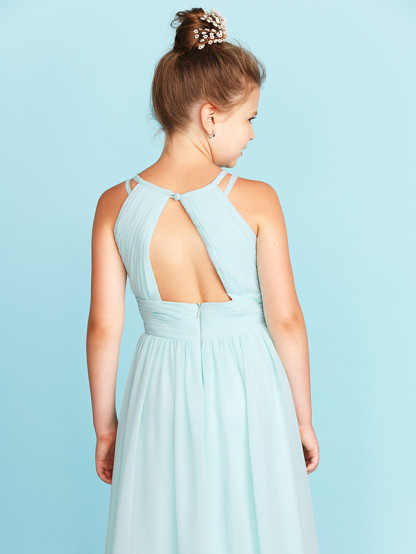 Princess / A-Line Jewel Neck Floor Length Chiffon Junior Bridesmaid Dress With Ruched / Side-Draped / Wedding Party / Open Back