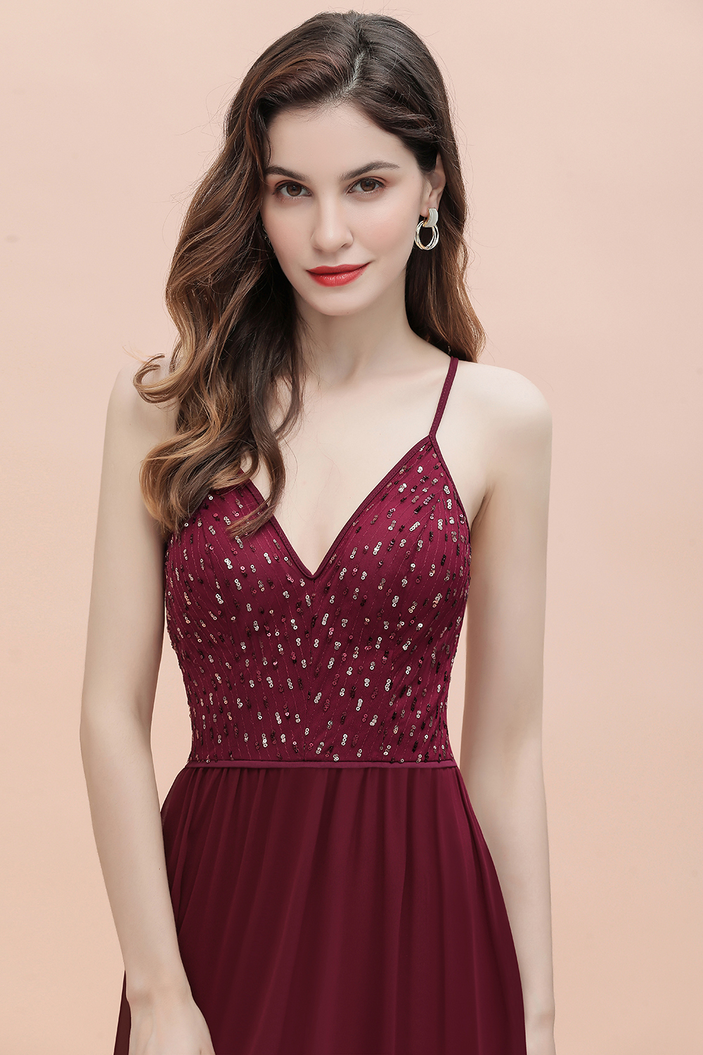 Long V-Neck Spaghetti Straps A-line Chiffon Burgundy Bridesmaid Dress