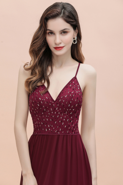 Long V-Neck Spaghetti Straps A-line Chiffon Burgundy Bridesmaid Dress