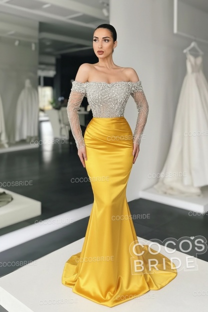 Long Mermaid Off the Shoulder Satin Prom Dress with Sleeves