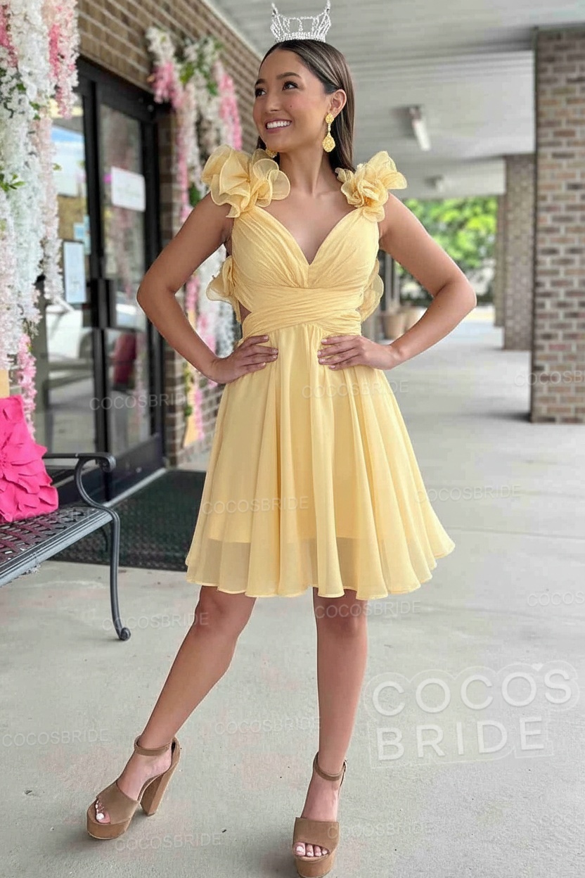 V-Neck Sky Blue Short Chiffon A-Line Party Dress