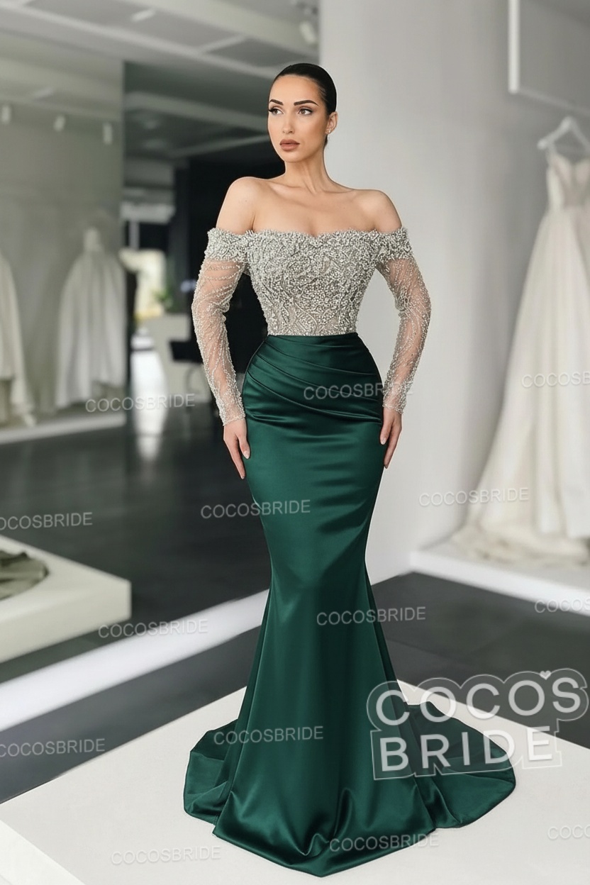 Long Mermaid Off the Shoulder Satin Prom Dress with Sleeves