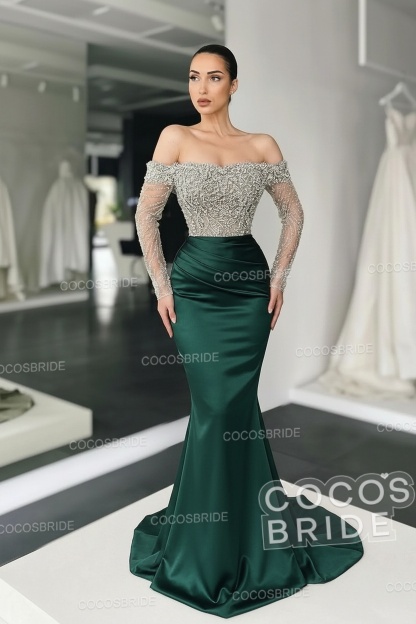 Long Mermaid Off the Shoulder Satin Prom Dress with Sleeves