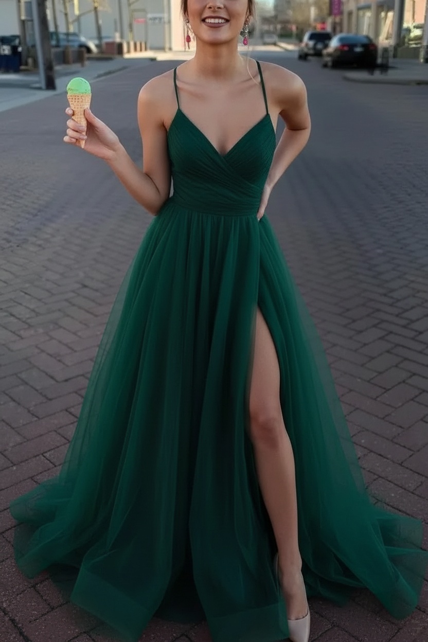 Long Spaghetti Straps V-neck A-Line Tulle Prom Dress With Side Slit