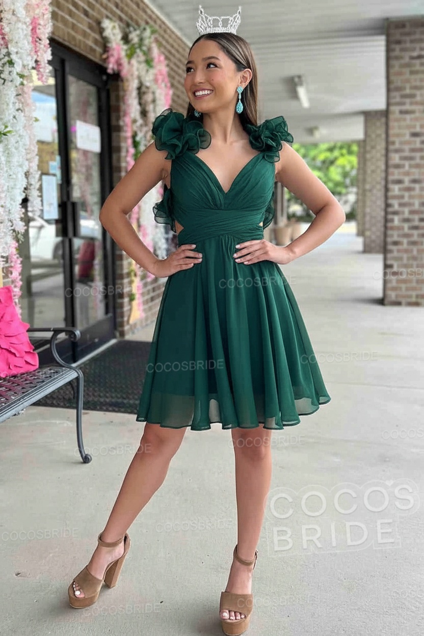 V-Neck Sky Blue Short Chiffon A-Line Party Dress