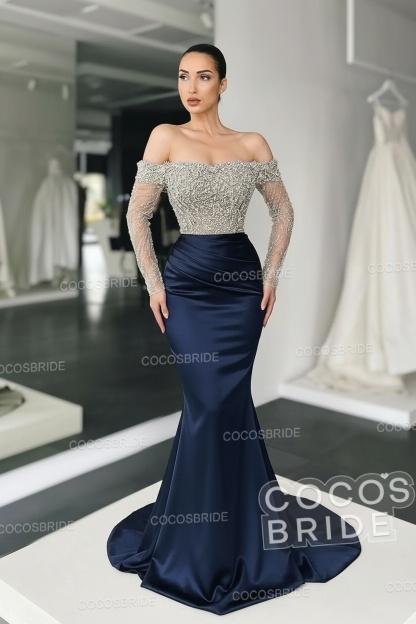 Long Mermaid Off the Shoulder Satin Prom Dress with Sleeves