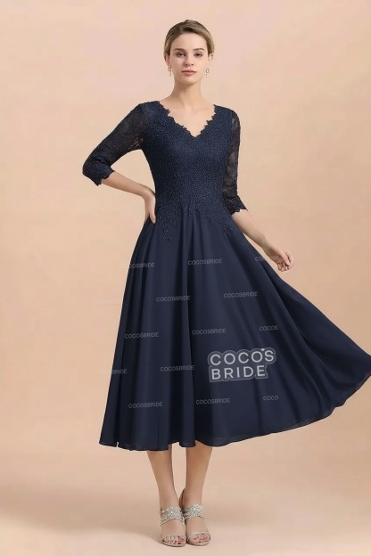 A-Line V-Neck 3/4 Sleeves Chiffon Short Mother Of The Bride Dresses With Lace