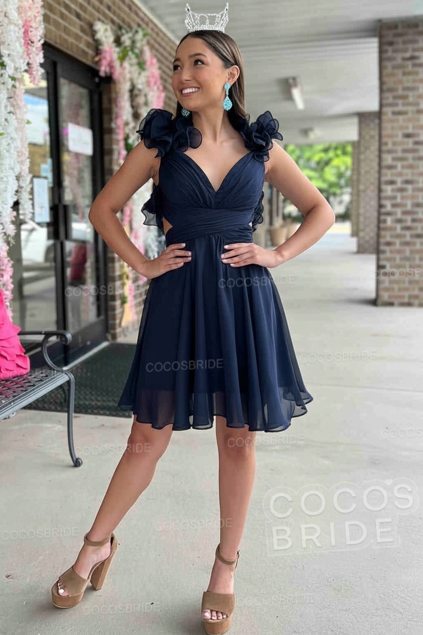 V-Neck Sky Blue Short Chiffon A-Line Party Dress