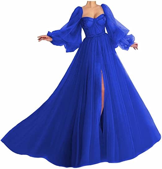 Awesome Long Sleeves A-line Sweetheart Tulle Prom Dress with Slit
