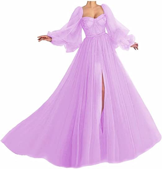 Awesome Long Sleeves A-line Sweetheart Tulle Prom Dress with Slit