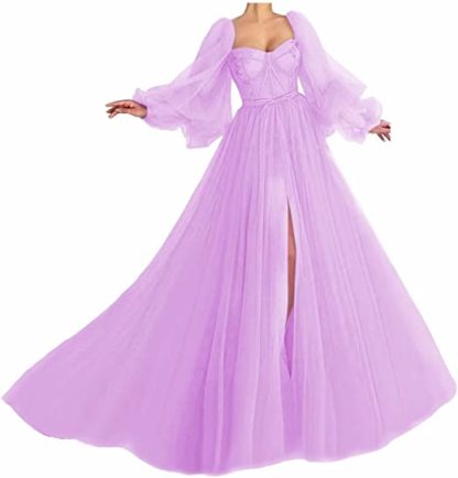 Awesome Long Sleeves A-line Sweetheart Tulle Prom Dress with Slit