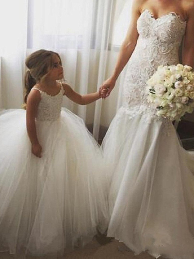 Princess Long Length Wedding / Birthday / Pageant Flower Girl Dresses - Tulle / Cotton Sleeveless Jewel Neck With Lace / Appliques