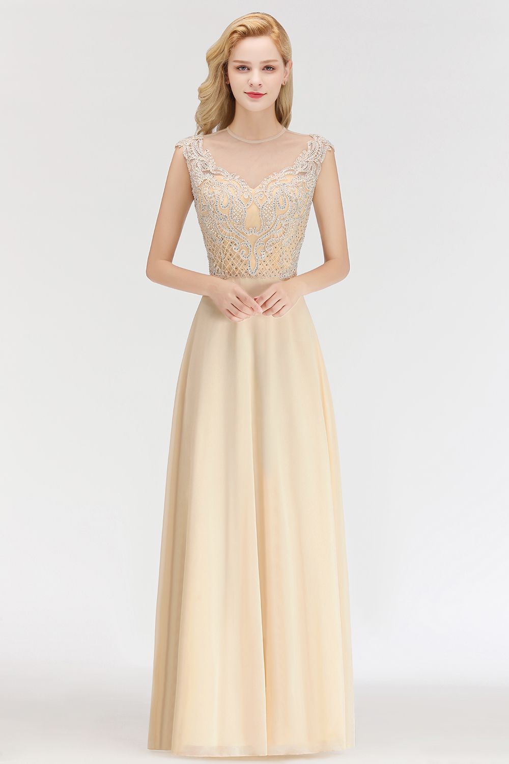 Elegant A-Line Champagne Sleeveless Crystal Jewel Bridesmaid Dress