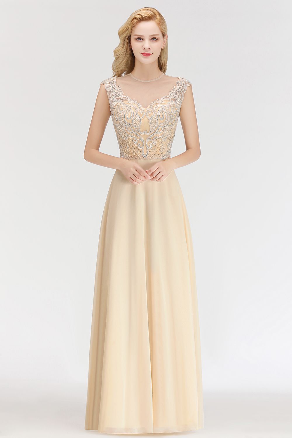 Elegant A-Line Champagne Sleeveless Crystal Jewel Bridesmaid Dress