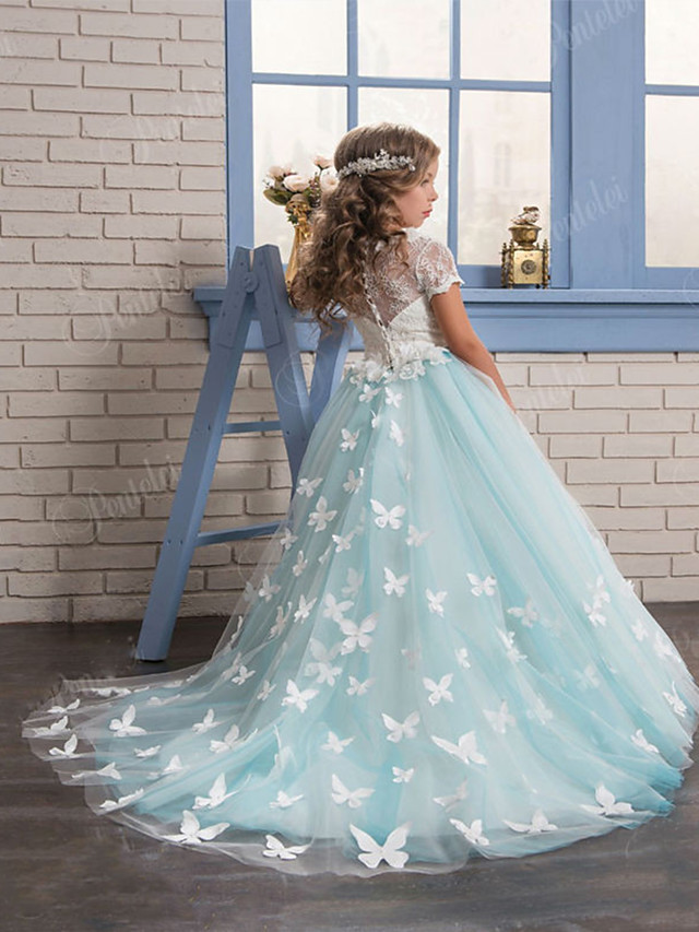 Long A-line Tulle Jewel Neck Appliques Lace Flower Girl Dresses with Sleeves