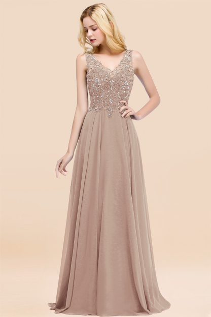 BM0324 Dusty Rose Lace V-Neck Long Bridesmaid Dresses With Appliques
