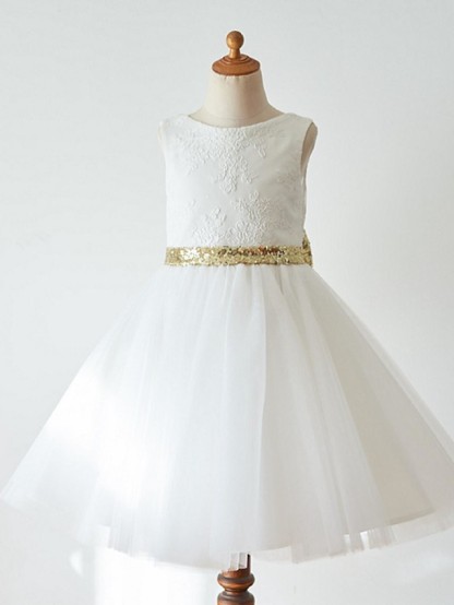 Ball Gown Knee Length Wedding / First Communion / Pageant Flower Girl Dresses - Lace / Tulle Sleeveless Jewel Neck With Bow(S)