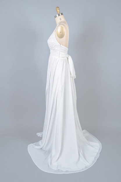 Long V-neck Front Slit Lace Chiffon Sheath Wedding Dress