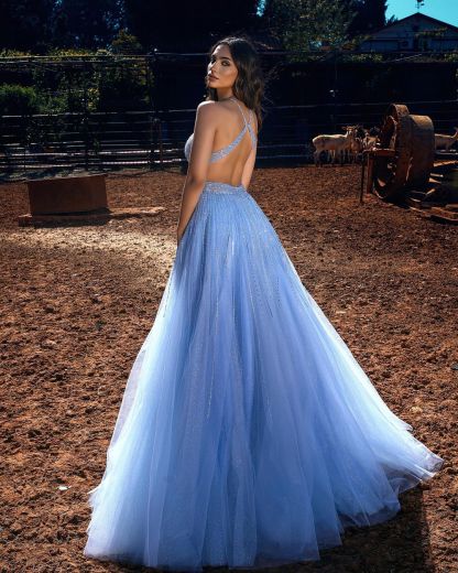Elegant A-Line Halter Beading Sequins Backless Floor-length Tulle Prom Dress