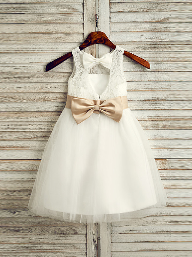 Princess Tea Length Wedding / First Communion Flower Girl Dresses - Lace / Tulle / Satin Chiffon Sleeveless Jewel Neck With Belt