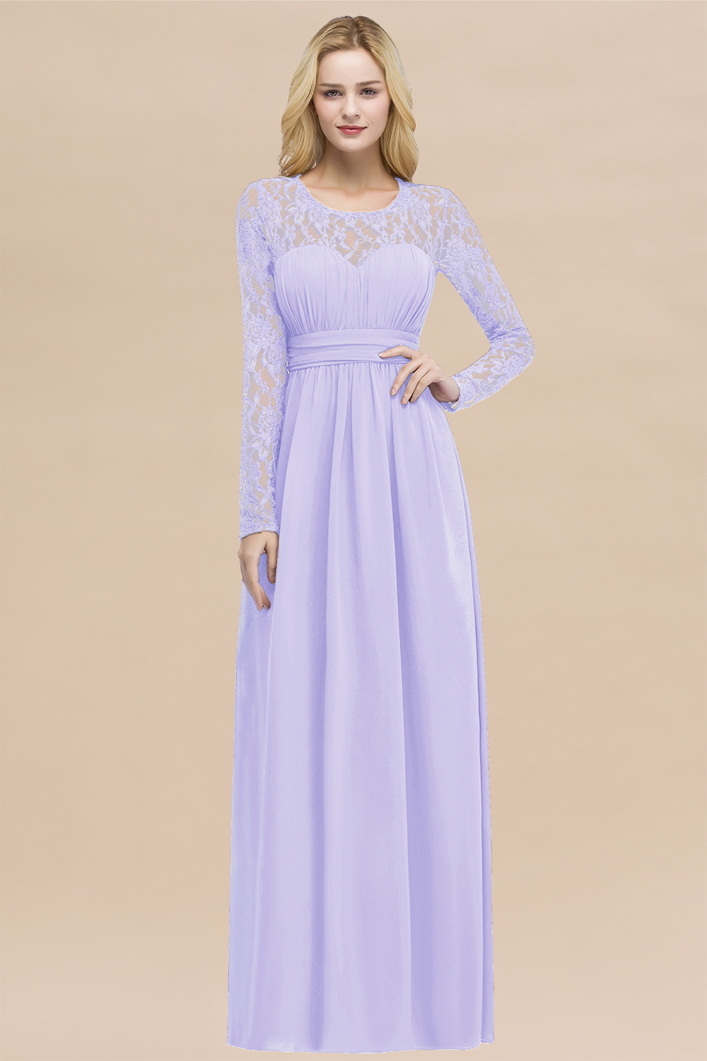 Elegant A-Line Chiffon Jewel Long Sleeves Ruffles Floor-Length Bridesmaid Dresses