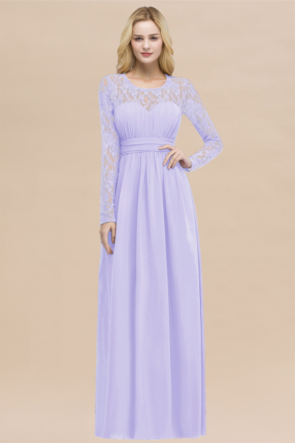 Elegant A-Line Chiffon Jewel Long Sleeves Ruffles Floor-Length Bridesmaid Dresses