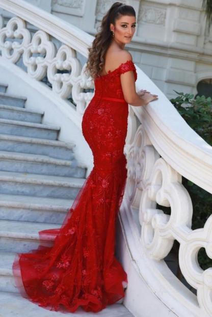 Long Off the Shoulder Backless Appliques Lace Mermaid Prom Dress